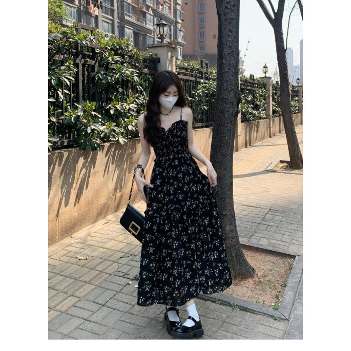 Large size fat mm2026 spring new black floral suspender dress women's niche design a-word long skirt
