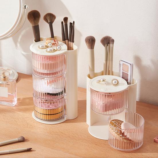 Makeup Brush Holder with Lid Clear Rotating Cosmetic Tool Organizer for Vanity Bathroom Countertop Sliding Door Makeup Accessory Organizer