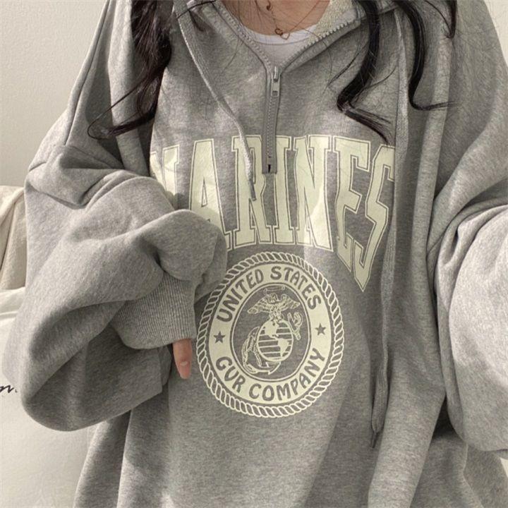 Graphic Hoodies Baggy Tops Grey with Zipper Sweatshirts for Women Full Zip Up Hooded Loose Female Clothes Pullovers