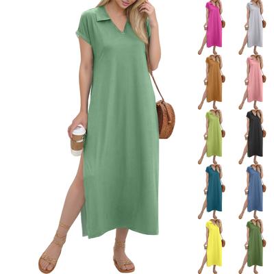 Vestido longo feminino casual com decote em V e saia longa, vestido solto com fenda e manga curta para férias