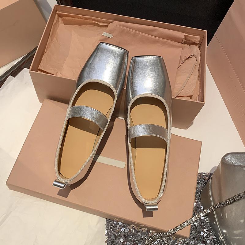 Leather Retro 2025 New One-word Elastic Band Square Head Shallow Mouth Ballet Shoes Flat Single Shoes Women
