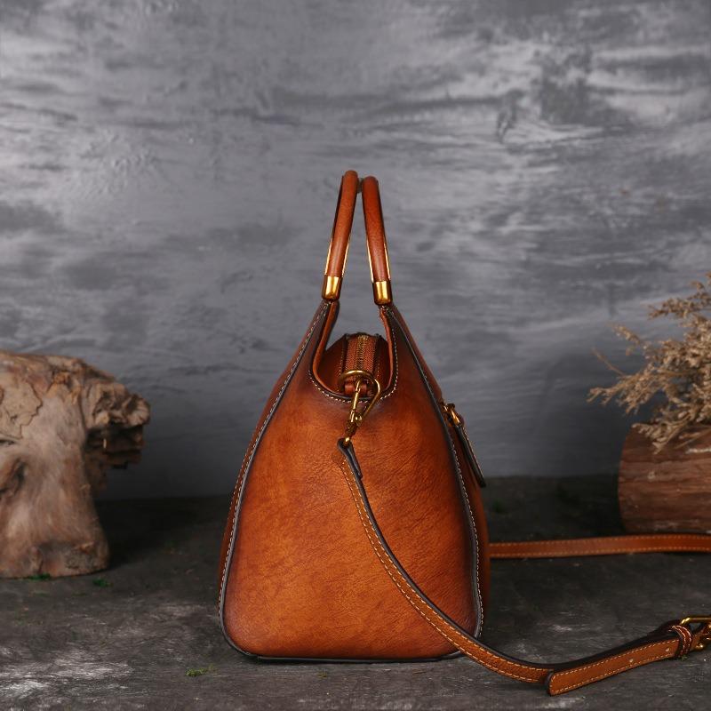 Heiß verkaufte Retro polierte Totem pflanzlich gegerbte Rindsleder Damen Tasche handgefertigte geprägte Handtasche echtes Leder Schulter Umhängetasche
