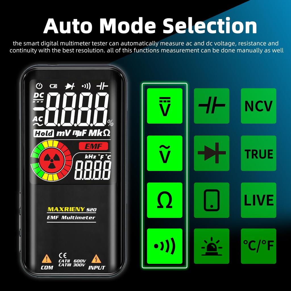 MAXRIENY Rechargeable Digital Color Screen with EMF 9999 Count Live Voltage Tester Tester, Detector, Auto-Range Voltmeter, Capacitance, Resistance,