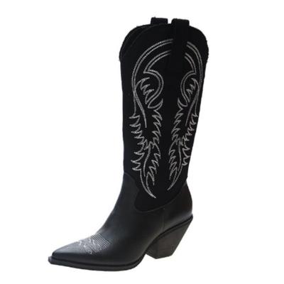 Fashion White Cowboy Boots Vintage Pointed High Knight Boots with Thick Heels for Women Below the Knee Boots  P823