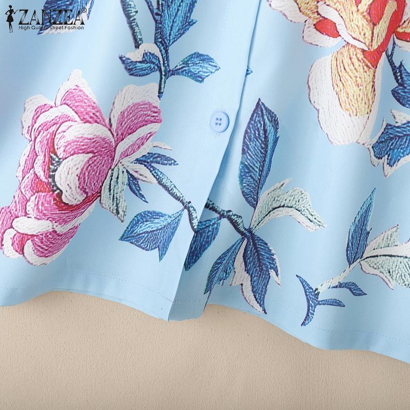 ZANZEA Women Stand Collar Loose Casual 3/4 Sleeve Floral Blouse