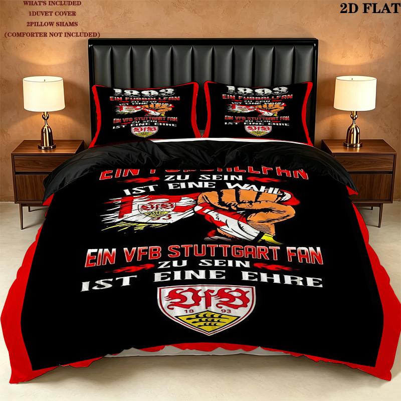 Ensemble de couette à motif Vfb Stuttgart Housse de couette Taie d'oreiller Décoration de maison Cadeau d'anniversaire (1 * housse de couette + 2 * taie d'oreiller sans garnissage)