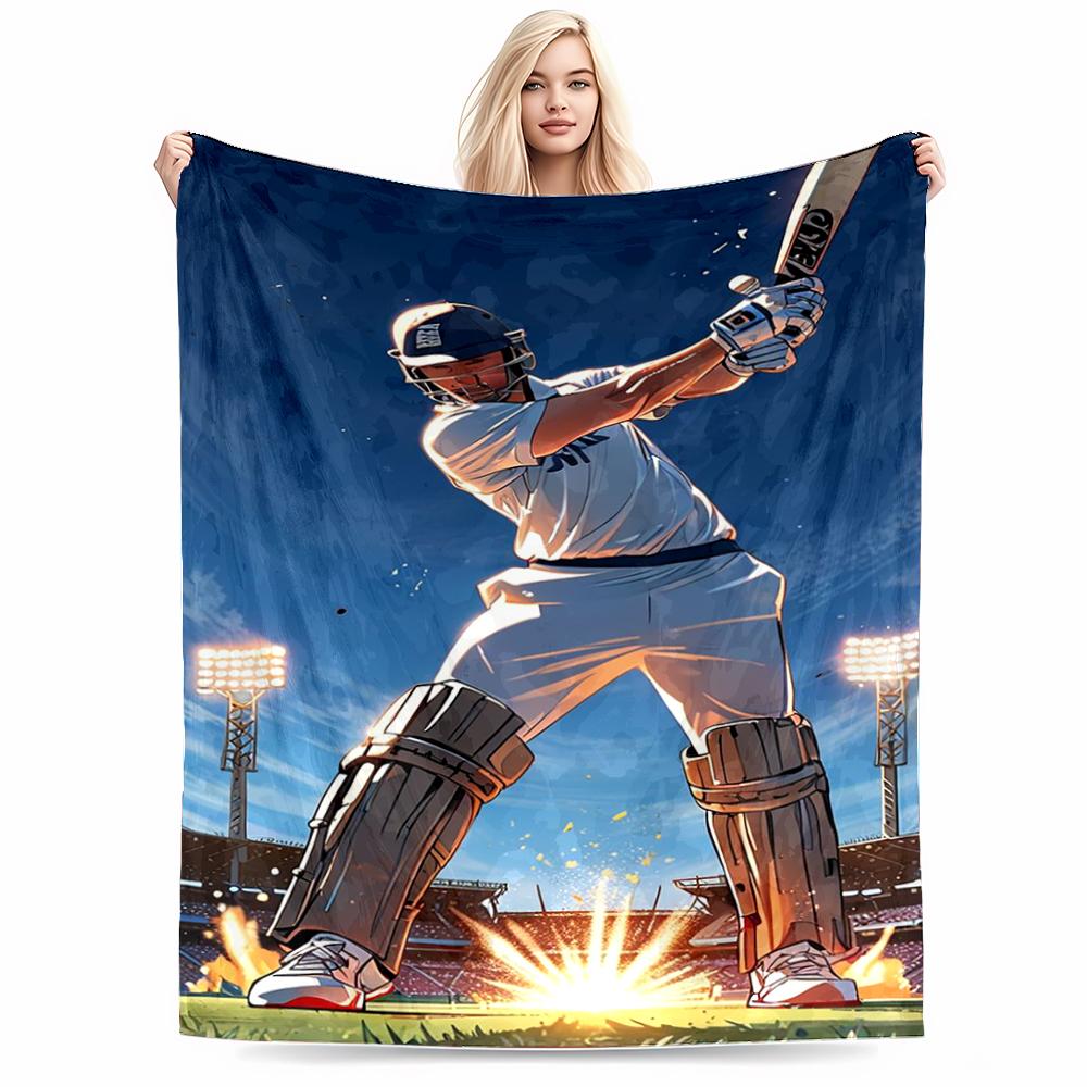 Cricket Player in Action Flannel blanket for bedroom, living room, sofa, and nap