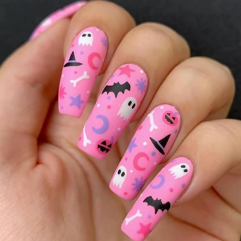 White French Tip Halloween Press on Nails Medium Square Fake Nails with Pumpkin Design Spider Bat False Nail Full Cover Glossy Acrylic Glue on Nail