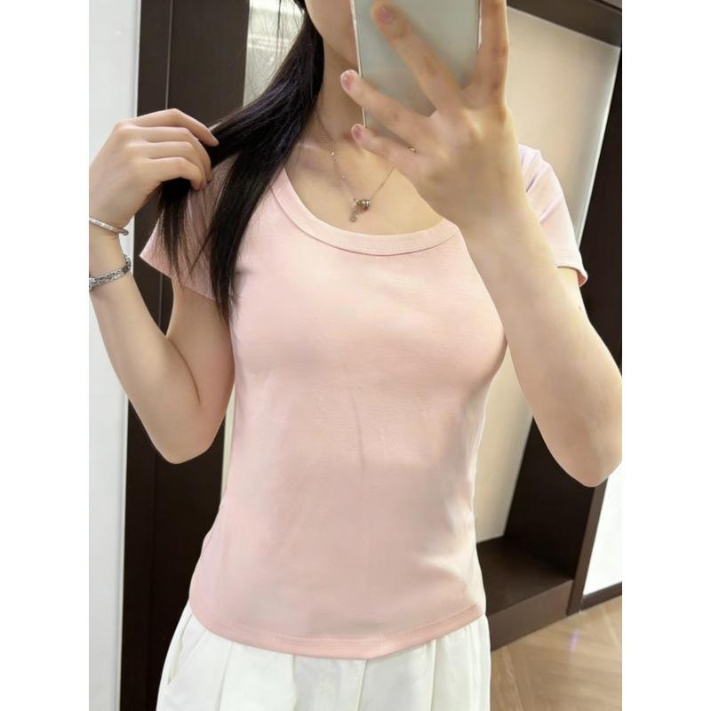 U-neck cotton short-sleeved T-shirt women's summer new solid color slim-fitting and thin shoulder low-neck top