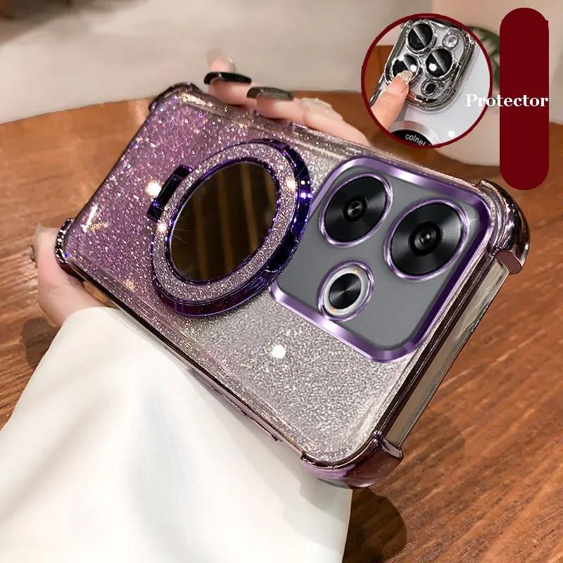 Glitter Mirror Stand Holder Case For Xiaomi POCO X7 X6 F7 F6 F5 Pro For Redmi 14 Pro Plus 14T 13T Pro 14C  Magnetic Cover
