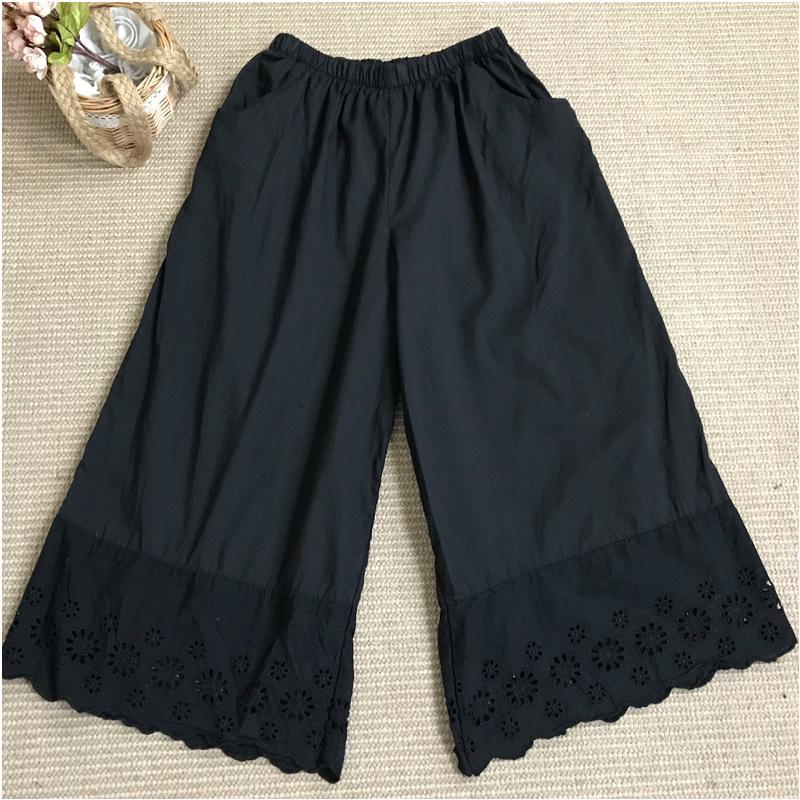 

Johnature Повседневные брюки с широкими штанинами Летние прямые брюки Свободные Вышитые с вырезами Женские брюки One Size чёрный