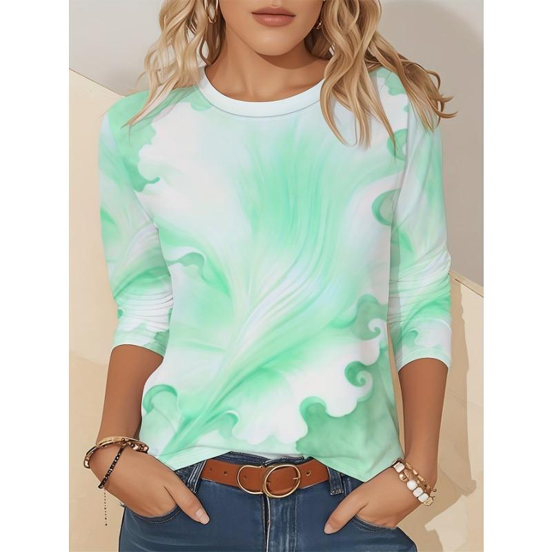 Ladies' Gradient Pink Blue Printed Long Sleeve T-shirt - Gradual Splicing Round Neck Casual Top