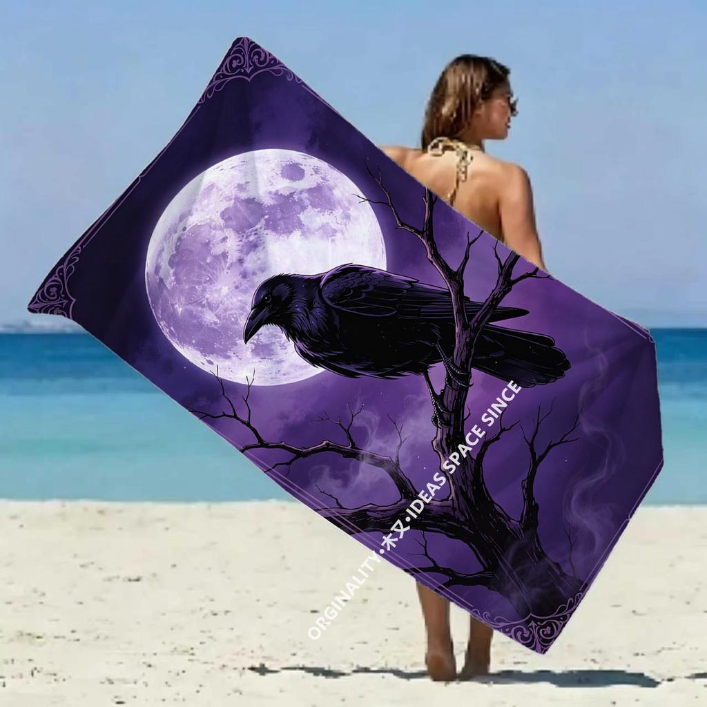 Gothic Raven Purple Moon Beach Towel Patterned Sunscreen And Windproof Suitable For Swimming Pool Camping Travel Blanket
