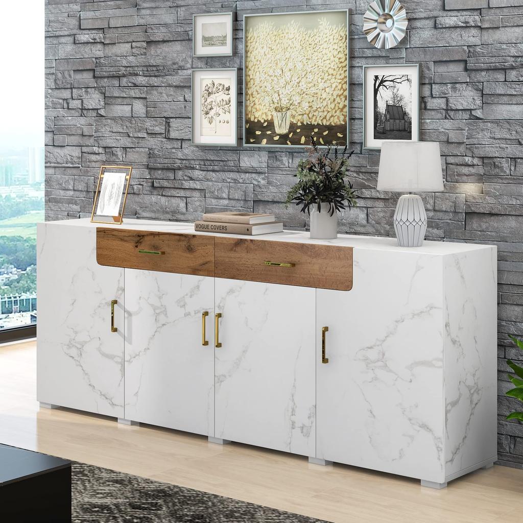 Sideboard Modern Buffet 4 Doors 2 Drawers, Storage Cabinet Ample Storage Space, Buffets Dining Room Living Room Kitchen, White, 208 X 39.5 X 80 Cm