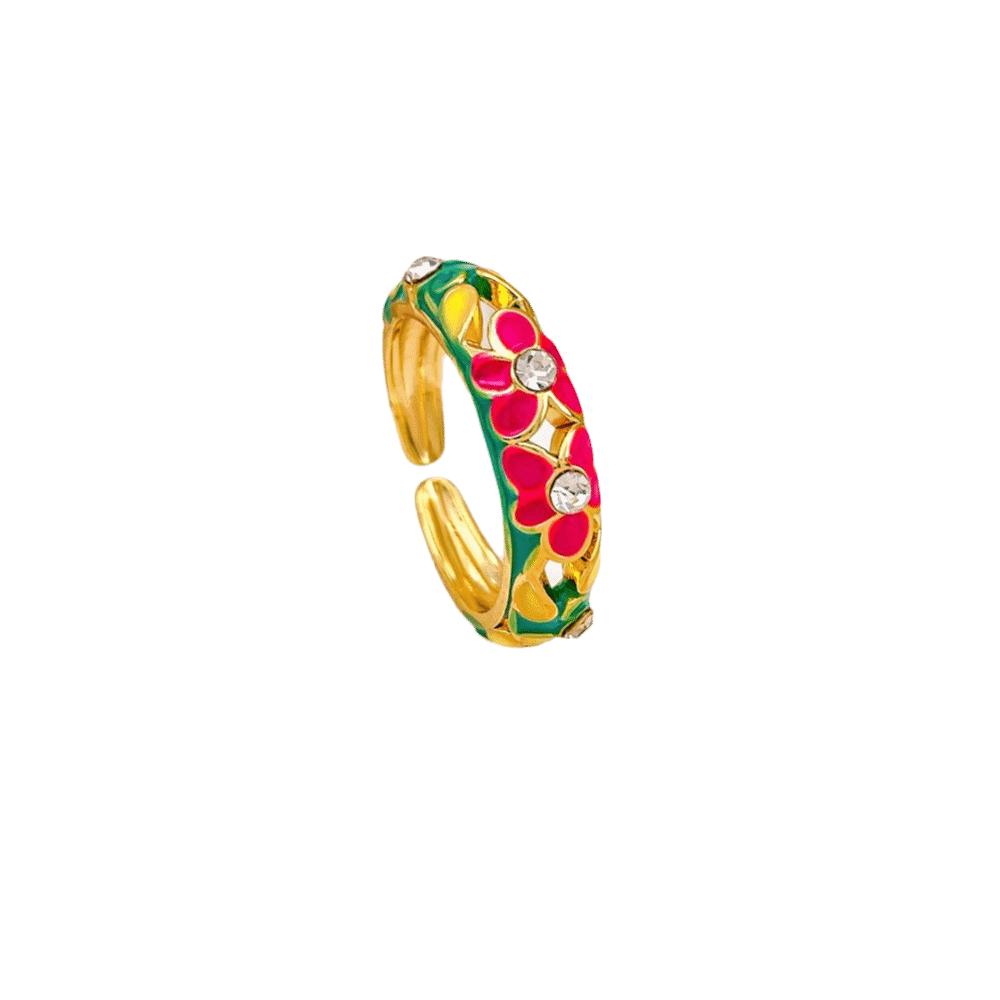 Hollow Out Colorful Enamel Flower Rings Engraved Gold Plated Ring Vintage Geometric Rings  Female