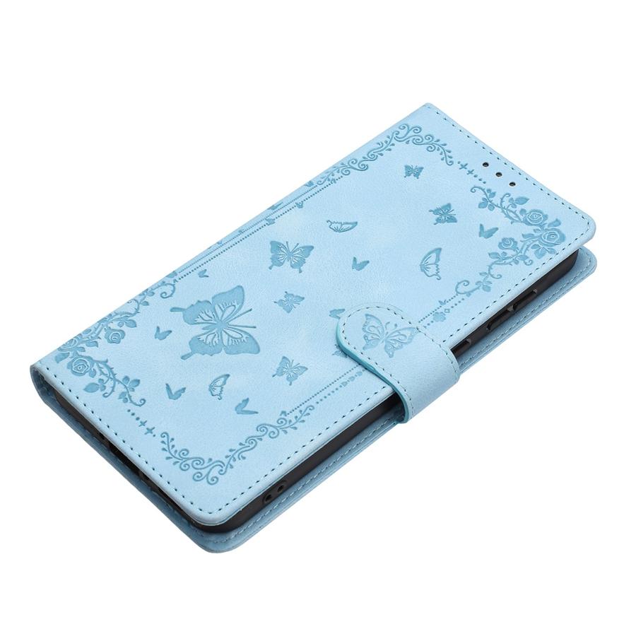 Retro Embossed Flower and Butterfly Phone Case for iPhone 17 16 15 Skin Feel PU Leather Card Slots Wallet Case with Wristband for Samsung S25 S24 S23