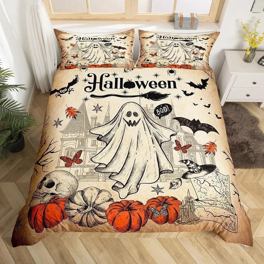 3D Print Pink Spooky Pastel Pumpkin Bedding Set Spooky Pastel Halloween Spooky Ghosts Washed Cotton Duvet Cover Or Pillowcase
