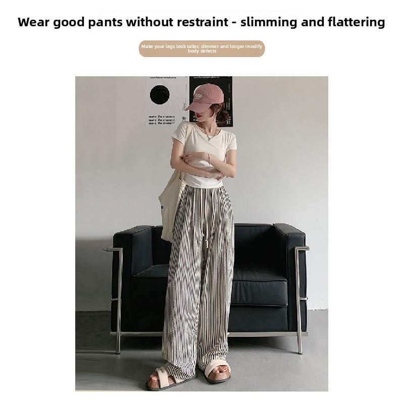 Striped Wide-leg Pants for Women, Summer Korean Style New Casual Pants, Casual and Slimming, Elastic Waist, Loose and Draping, Floor-length