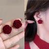 Retro Wine Red Flocked Rose Camellia Stud Earrings In S925 Sterling Silver