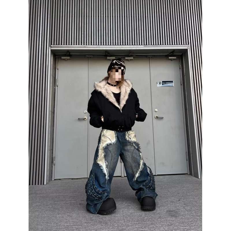 JYL Men's Wide-Leg Jeans Dune Wasteland American Heavy Washed Patch Black Denim Pants