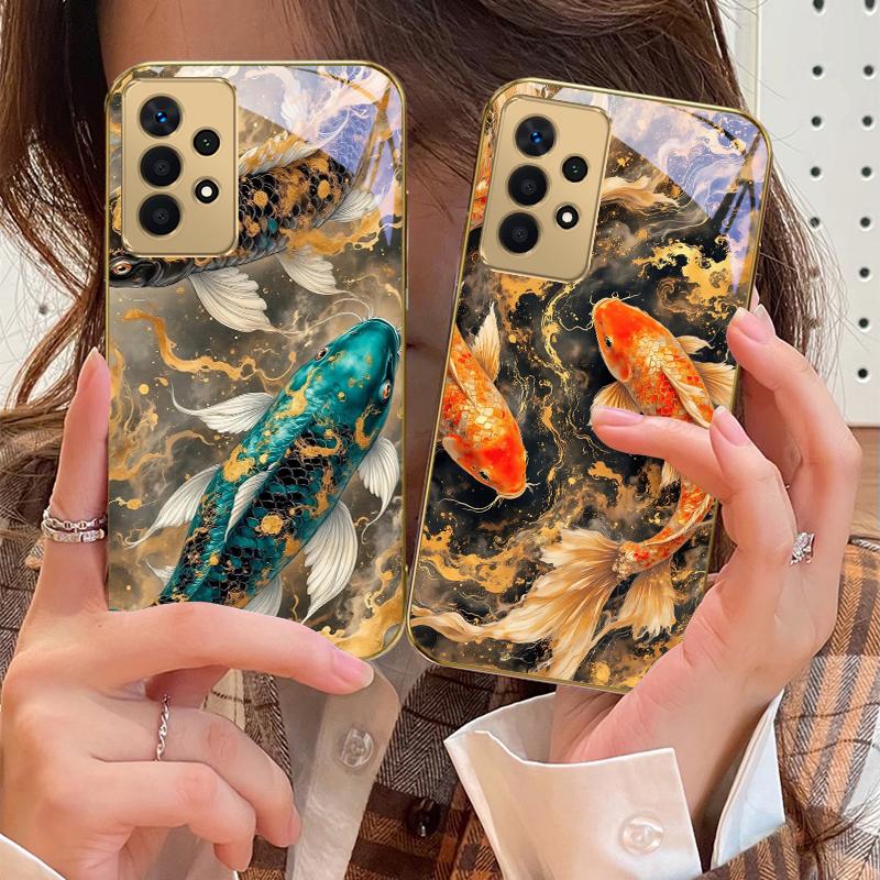 Lucky Orange Golden Koi For Samsung A73 A72 A71 A42 A56 A55 A54 A53 A52s A52 A51 A36 A35 A34 A33 A32 A16 Golden Glass Phone Case