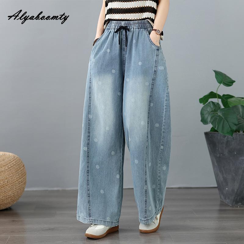 Plus Size Spring Autumn Women Wide Leg Jeans High Waist Drawstring Floral Print Casual Loose Straight Denim Pants Vintage Light Blue Basic Jeans