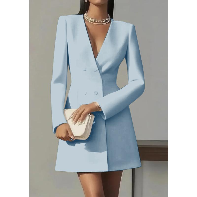 HNXC Moda feminina outono inverno cor sólida estampa manga comprida decote em v vestidos casuais