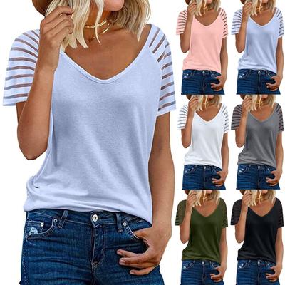 Women Casual Loose Shirts V Neck Short Sleeve Fashion Net Tops T-shirts Tee