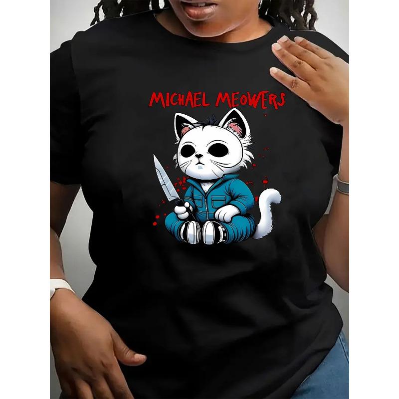 

European sizes Women s Cute Scary Cat Print T-Shirt - Compatible for Devices - Casual Short Sleeve Round Neck Summer Top with Kitten Lettering 4XL