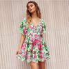 Women's Summer V-Neck Printed Beach Dress Lantern Sleeve Short Dresses