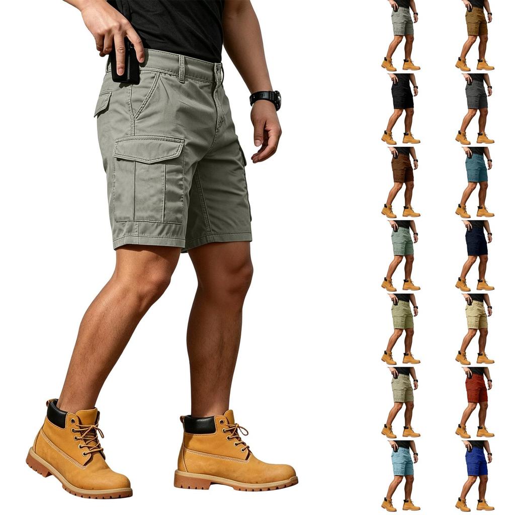 Men's Cargo Shorts with 6 Pockets, Elastic Waist and Button Closure, Color Casual Shorts for Summer Everyday Wear