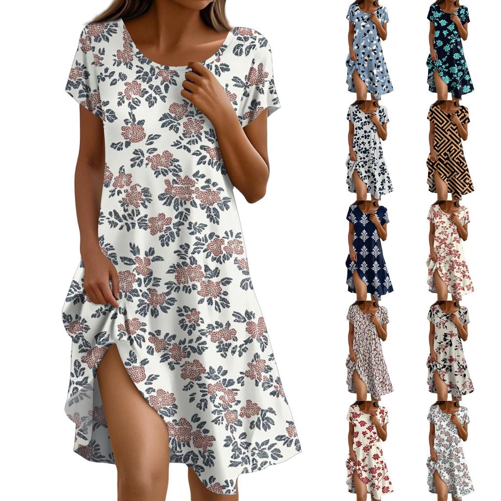 Abito boho a maniche corte per donna, casual, ampio, estivo, con stampa floreale e tasche