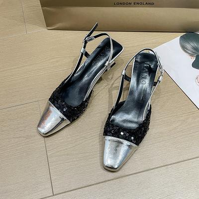 Fashion Women's Stiletto Sandals Summer New Square Head Sequin Cloth Line with Anti-slip Wear-resistant Low Heel Shoes