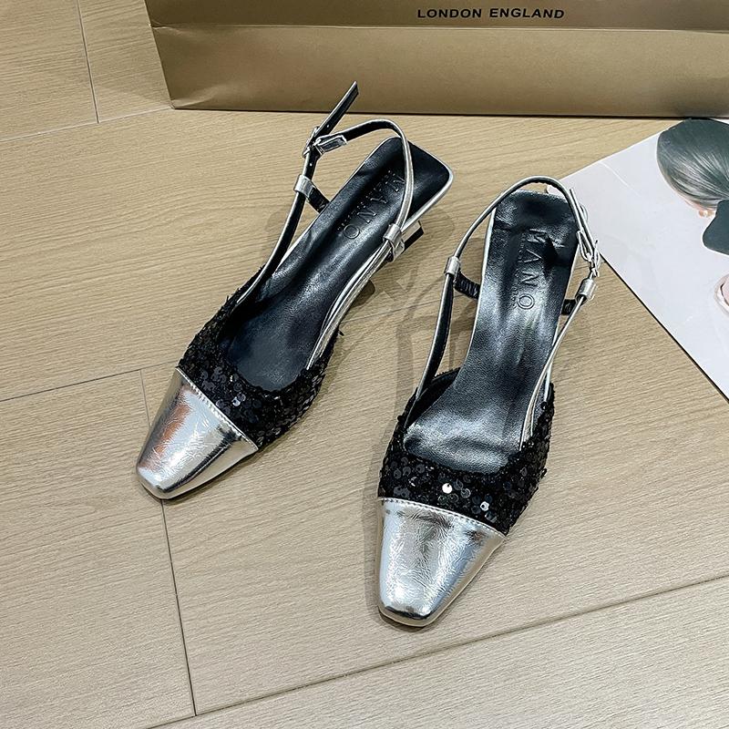 Fashion Women's Stiletto Sandals Summer New Square Head Sequin Cloth Line with Anti-slip Wear-resistant Low Heel Shoes