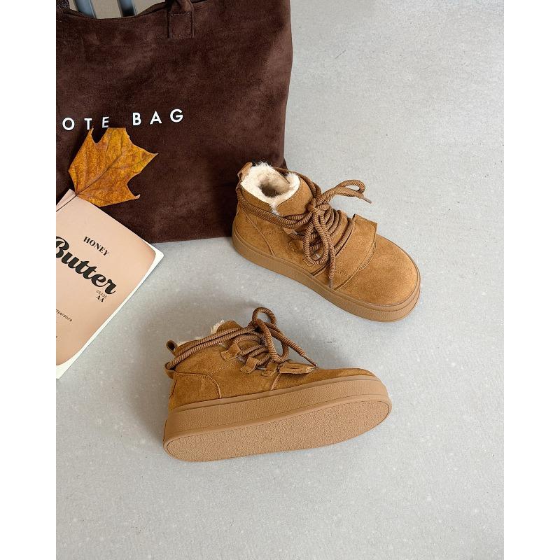 Leather Thick-soled Snow Boots Women's 2025 Winter New Velvet Thickened Thermal Lace-up Cotton Boots Heightening Casual Short Boots