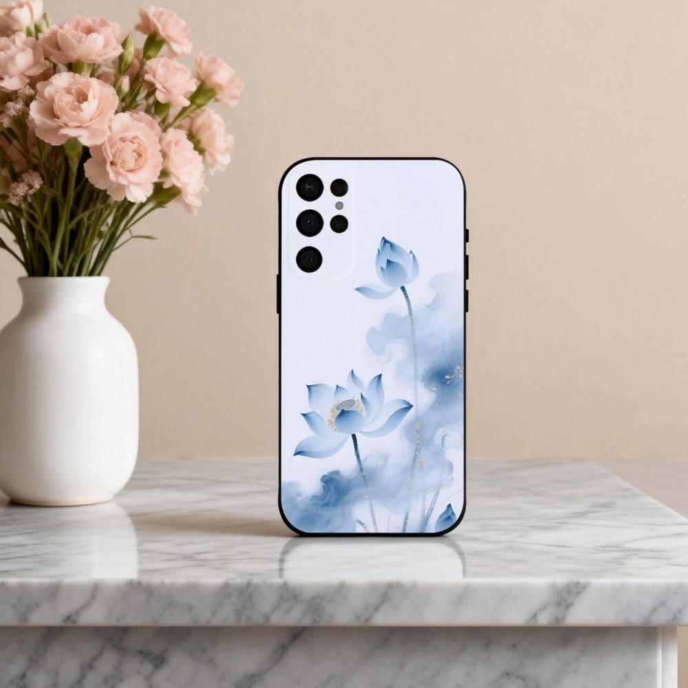 E-Emerald W-White Lotus Phone Case For Samsung S25,24,23,22,30,21,10,9,Ultra,Plus,Lite,FE,4,5 G Soft Black Case