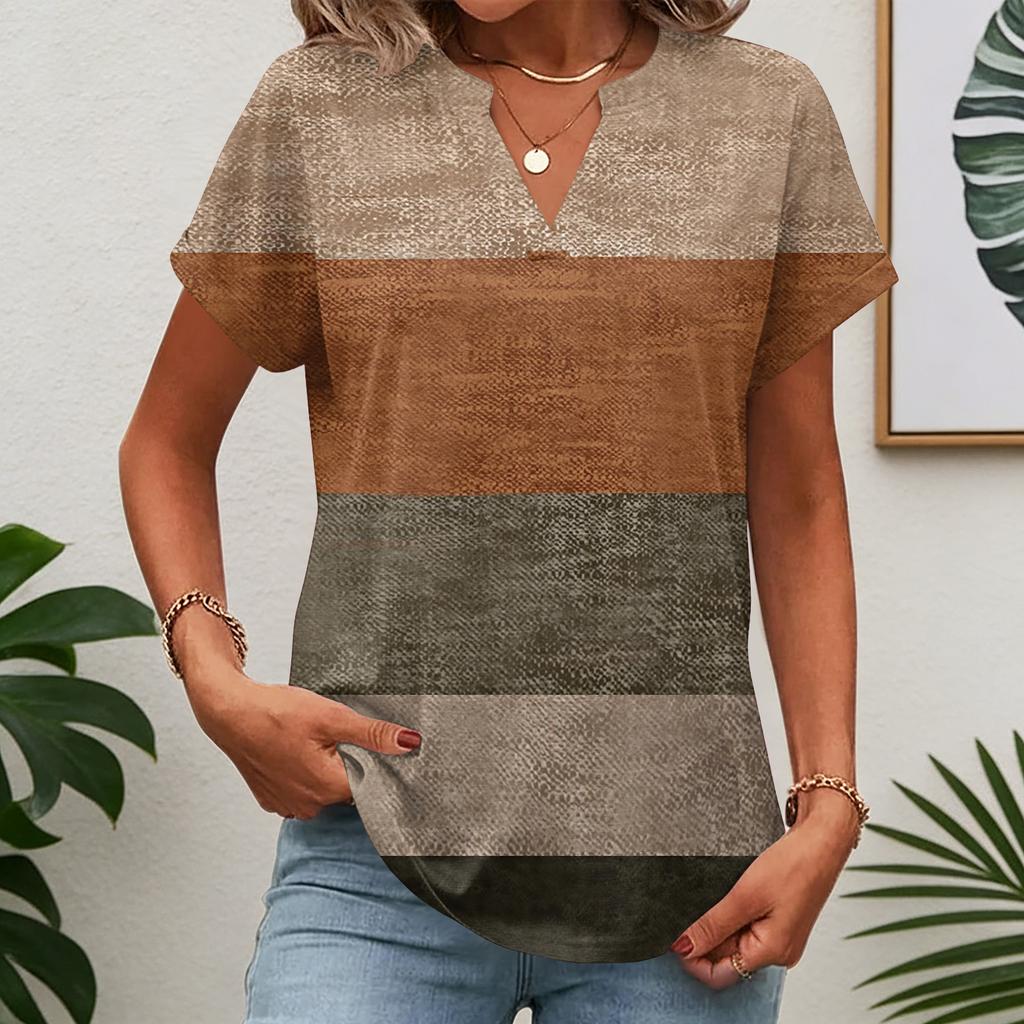 Women short sleeve striped patchwork V neck casual loose fit tunic top soft knit pullover tee shirt blouse