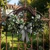 Hanging Door Wreath Artificial Lamb Ear Faux Greenery Leaves Rattan with Striped Year-round Decoration Bow Spring Farmhouse Decor for Front