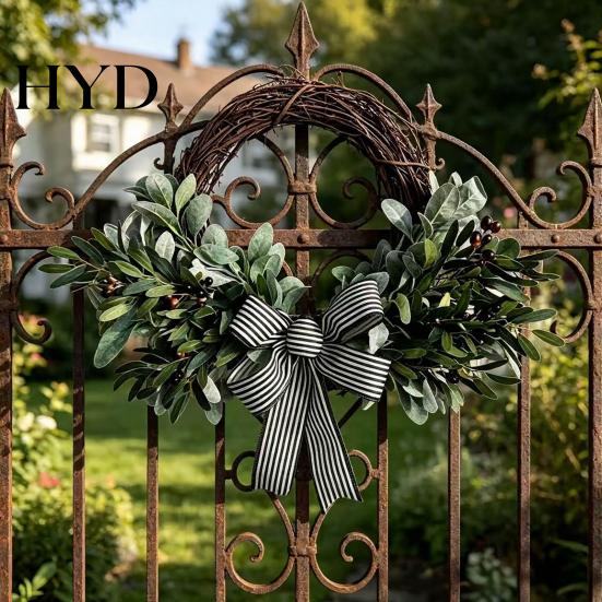 Hanging Door Wreath Artificial Lamb Ear Faux Greenery Leaves Rattan with Striped Year-round Decoration Bow Spring Farmhouse Decor for Front