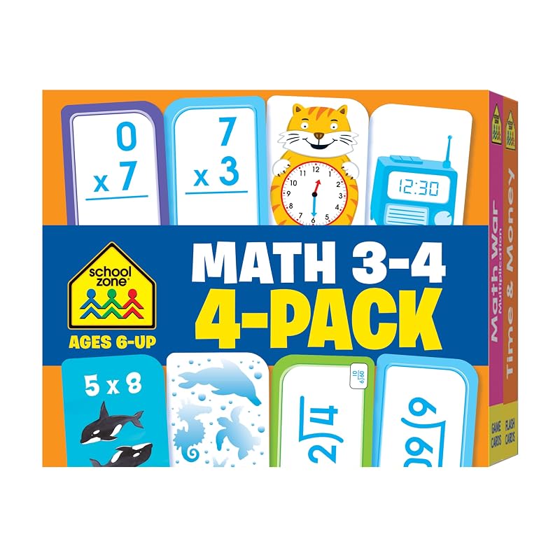 School Zone Math 34 4Pack Flash Cards: 224 Cards, 3rd Grade, 4th Grade, Multiplication 012, Division 012, Math War Multiplication Game Cards, Time