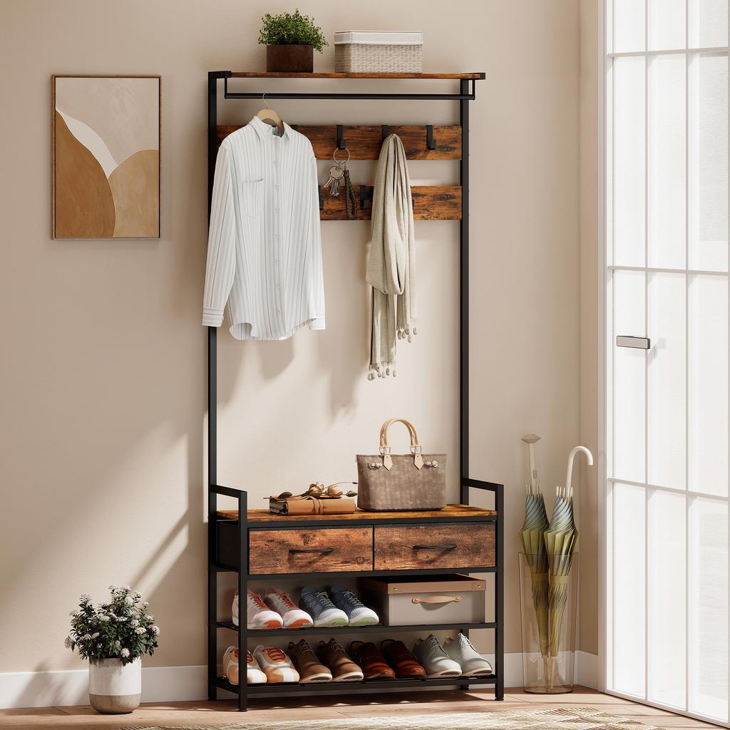 5-in-1 Coat Rack, Bench, Rail, 10 Removable Hooks, 2 Drawers, Shoe Shelf, 80x30x181.5cm Rustic Brown