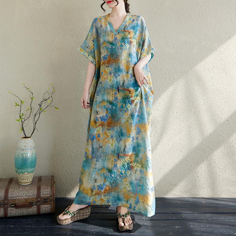 Summer Loose Women's V-neck Cotton Linen Beach Dress