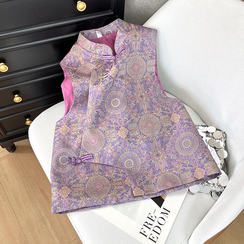 2025 Early Spring Women's Vest Temperament Jacquard Disc Buckle Stand-up Collar Improved Vest Vest