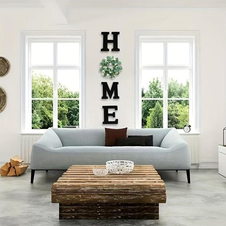 Holz Home Buchstaben Wandbehang Heimschild mit künstlicher Eukalyptusdekoration für Wohnzimmer Haus