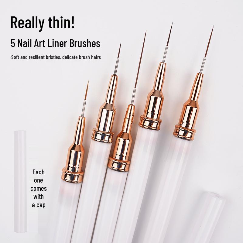 Japanese Ultra-Fine Nail Art Brush Set: 5-Piece Liner Brushes for Color Painting and Flower Designs with Gel Nail Precision.