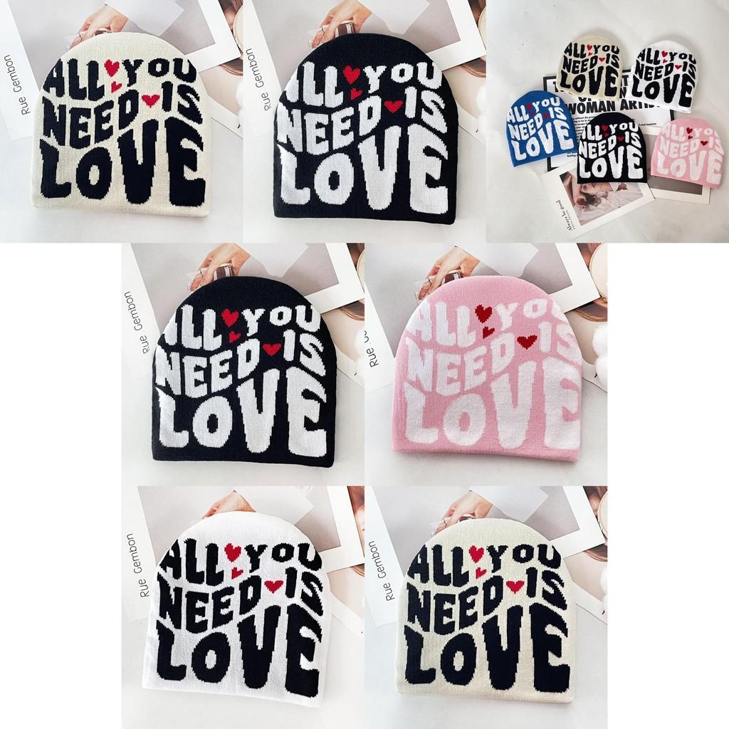 Simple Color Blocked Letter Heart Pattern Women Casual Warm Knitted Hat For Urban Outdoor Use