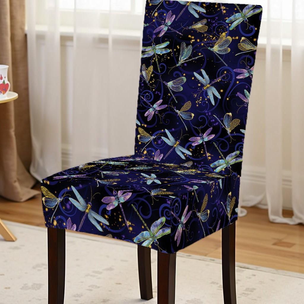 

Home Dining Chair Cover Printed Dragonfly Pattern Stain Resistant Chair Cover Integrated Backrest Full Coverage Chair Protector 1 piece