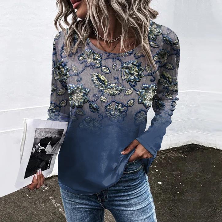 Spring and Autumn Round Neck Flower Pattern 3D Printed Top Fashionable Casual Retro Long Sleeved Women's T-shirts