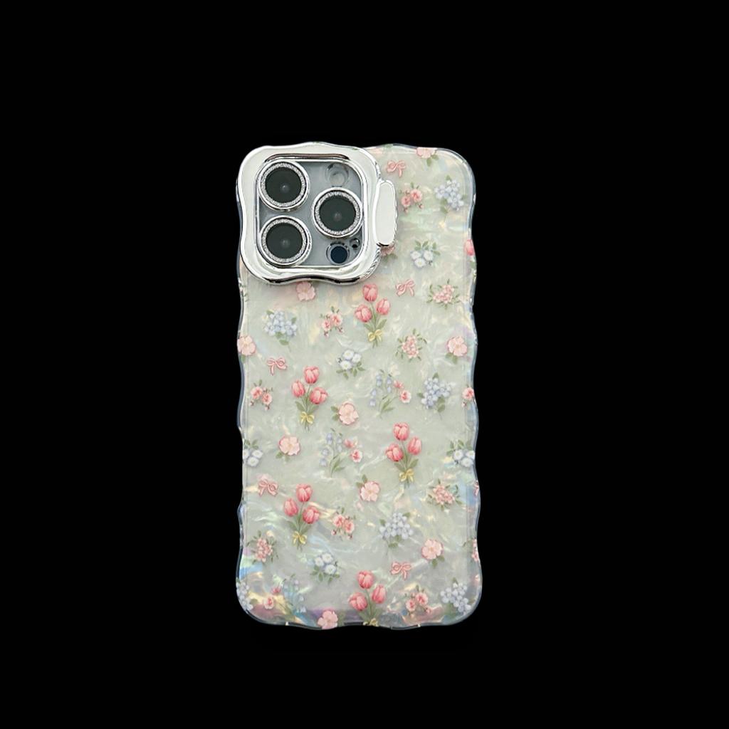 

Chic Tulips Pattern Waving Frame Shell Gloss Len Frame Kickstand Phone Case for iPhone 16 15 14 11 12 13 Pro Max Plus Back Cover For iPhone 11