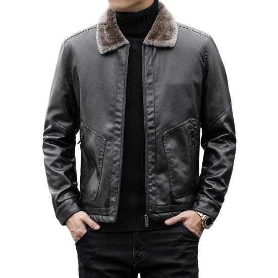 Men Imitation Leather Jacket with Velvet Lining Lapel Long Sleeve Zipper Placket Solid Color Autumn Winter Coat
